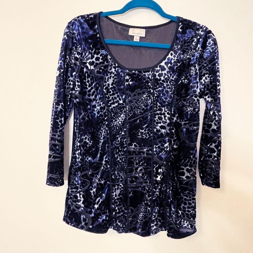 Women's Navy and Black Animal Print Velvet Burnout 3/4 Sleeve - Size Large